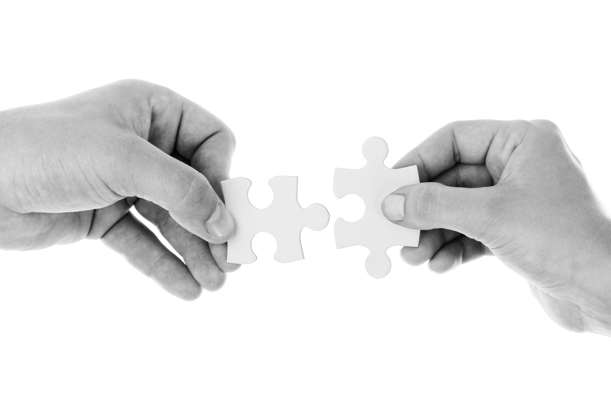 Hands Holding Puzzle Pieces on White Background